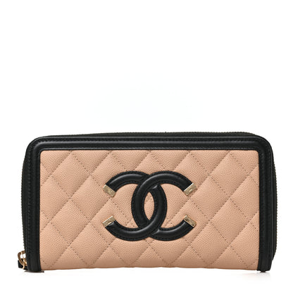 Chanel Caviar Quilted Filigree Zip Around Wallet Beige Black 1 of 7