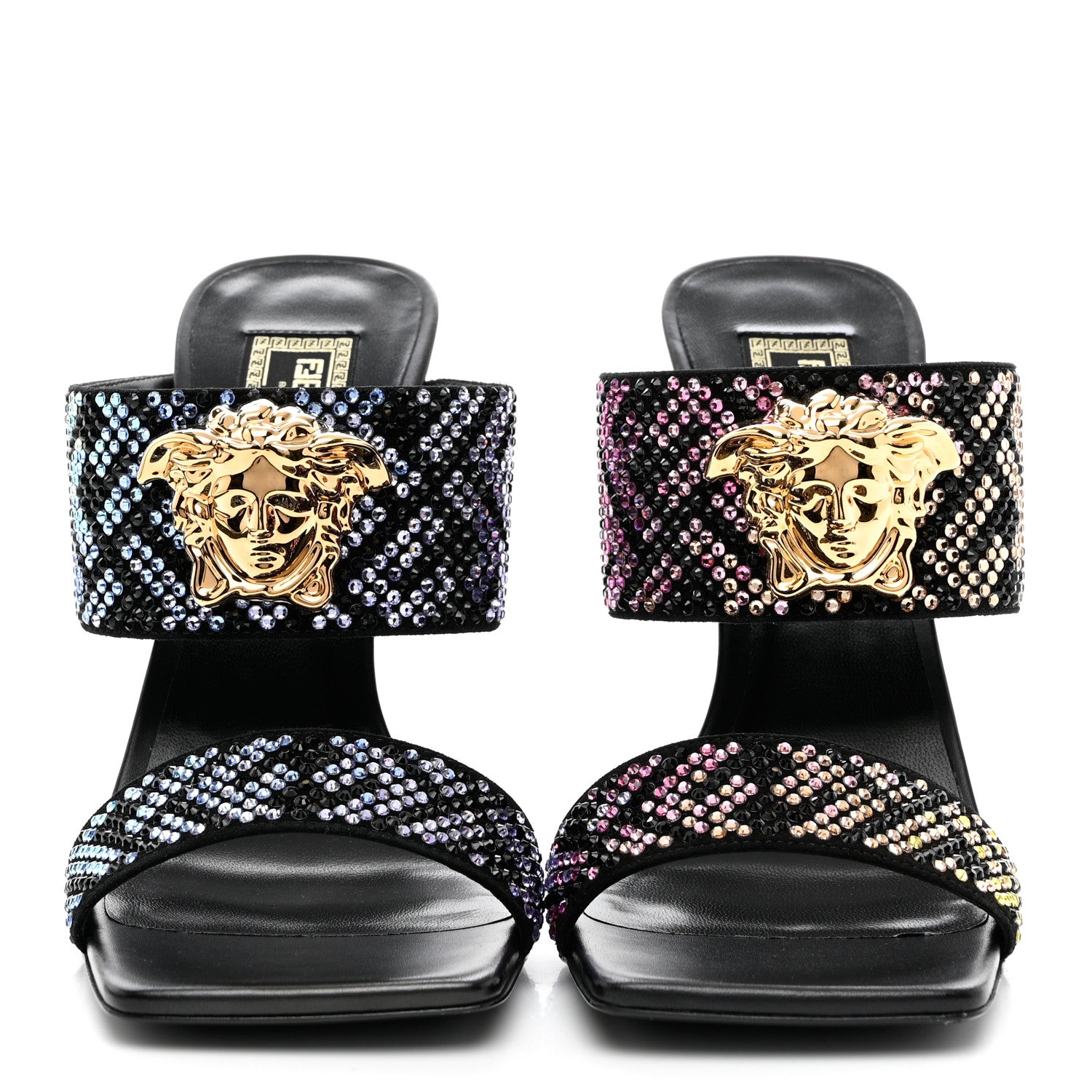 Versace X FENDI Calfskin Crystal Fendace FF Medusa High Heel Mule Sandals 38 Black Multicolor 2 of 8
