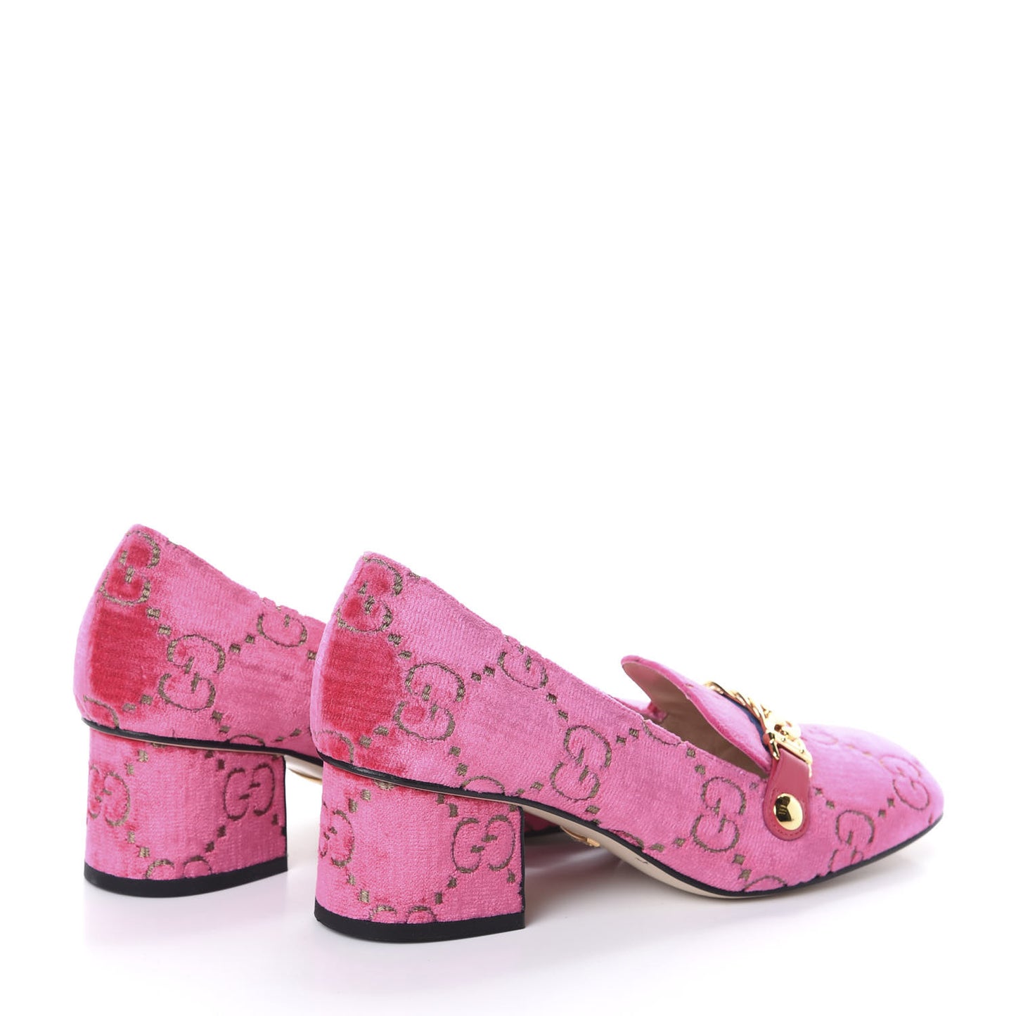Velvet GG Monogram Sylvie Web Chain Mid Heel Loafers 37.5 Bright Pink