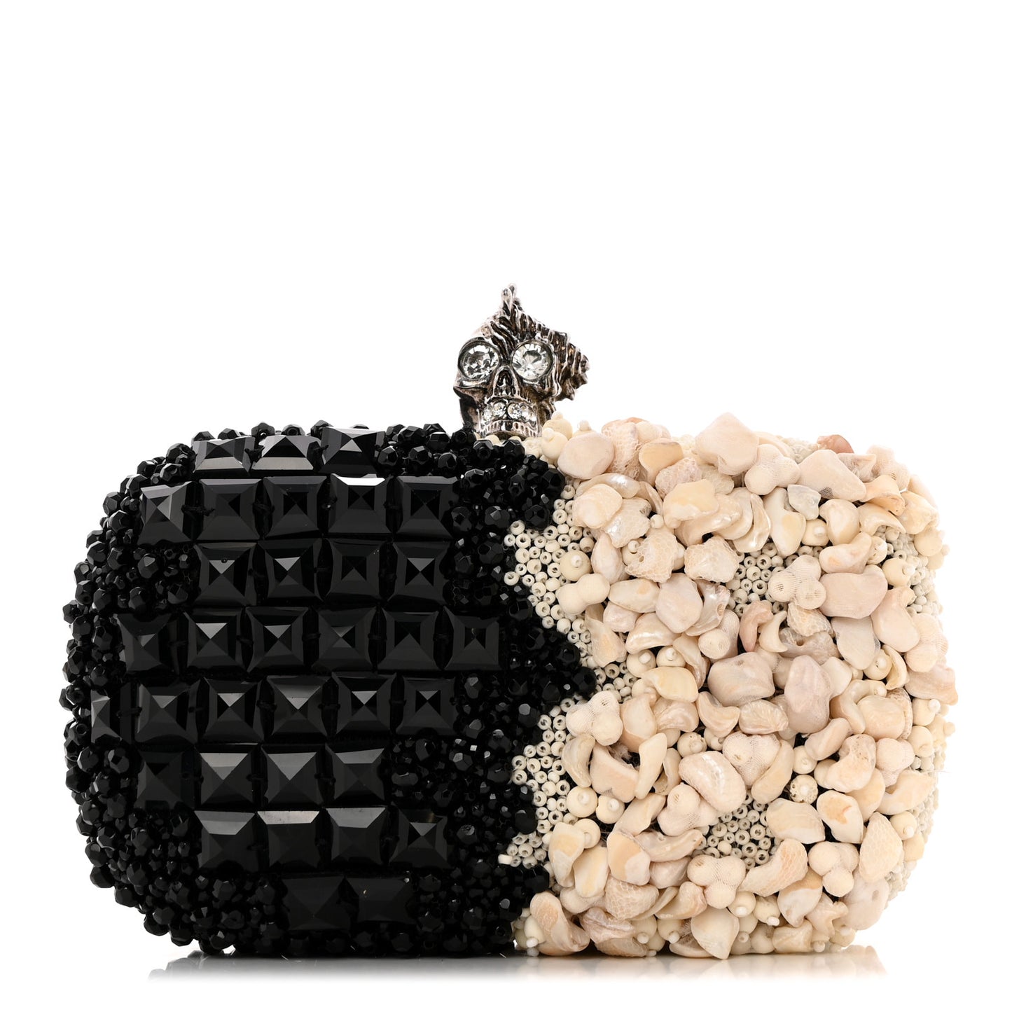 Silk Shell Embroidered Skull Box Clutch Black