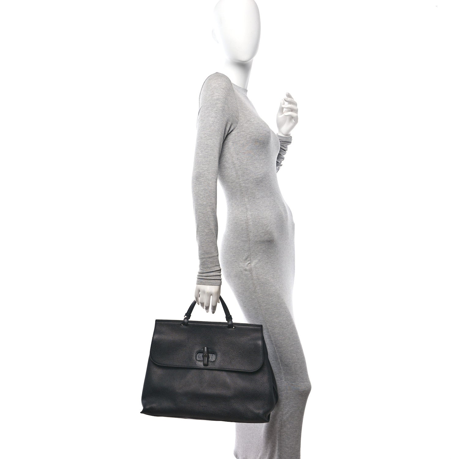 Gucci Pebbled Calfskin Large Bamboo Daily Top Handle Bag Black 2 of 10