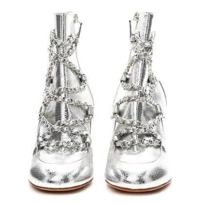 Chanel Metallic Crackled Calfskin Chain CC Short Boots 38.5 Silver 1 of 8
