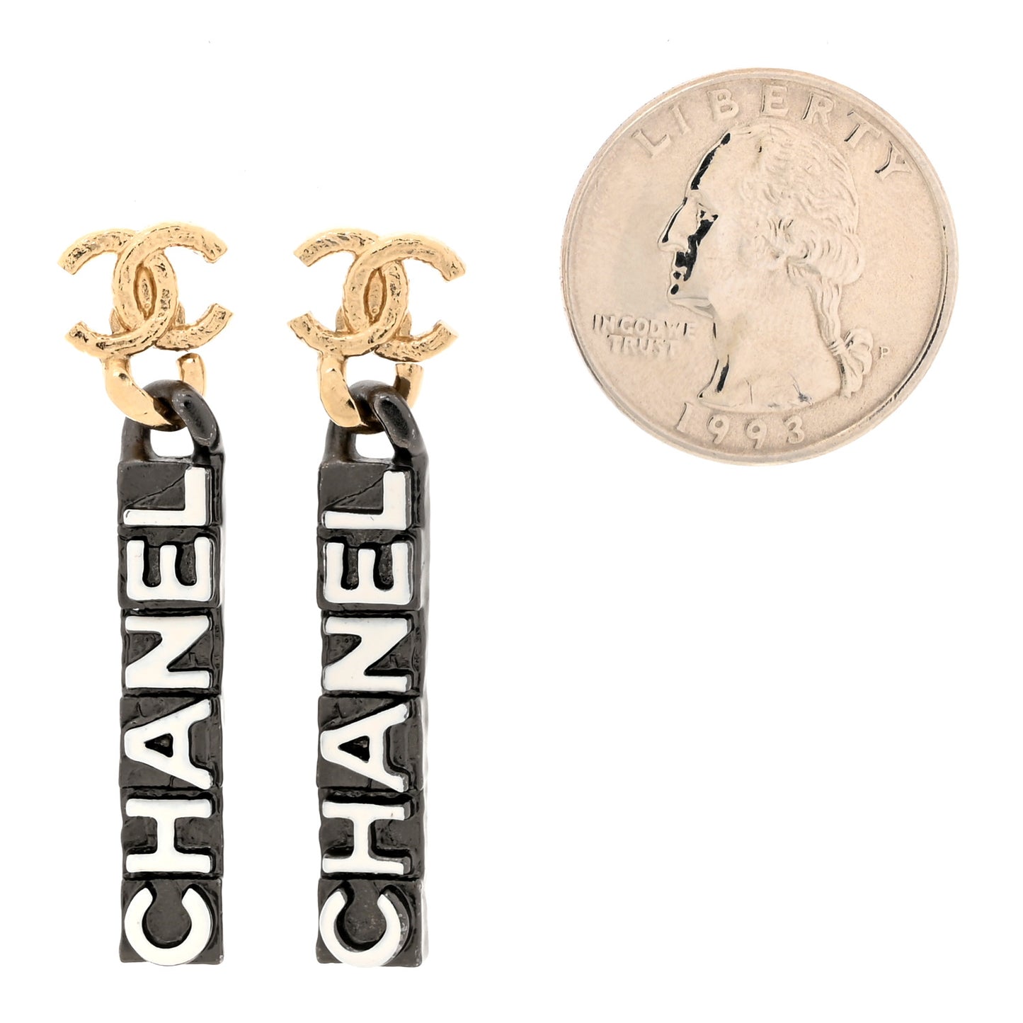 Metal Enamel CC Logo Drop Earrings Ruthenium Gold