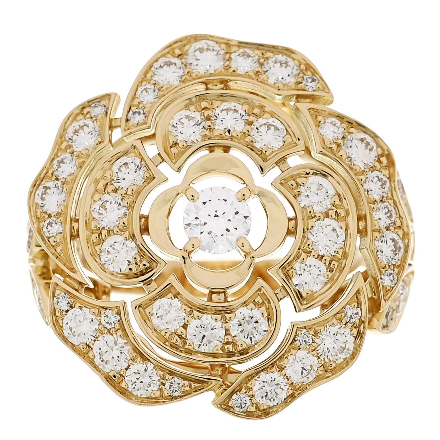 18K Yellow Gold Diamond Bouton de Camelia Ring 49 5