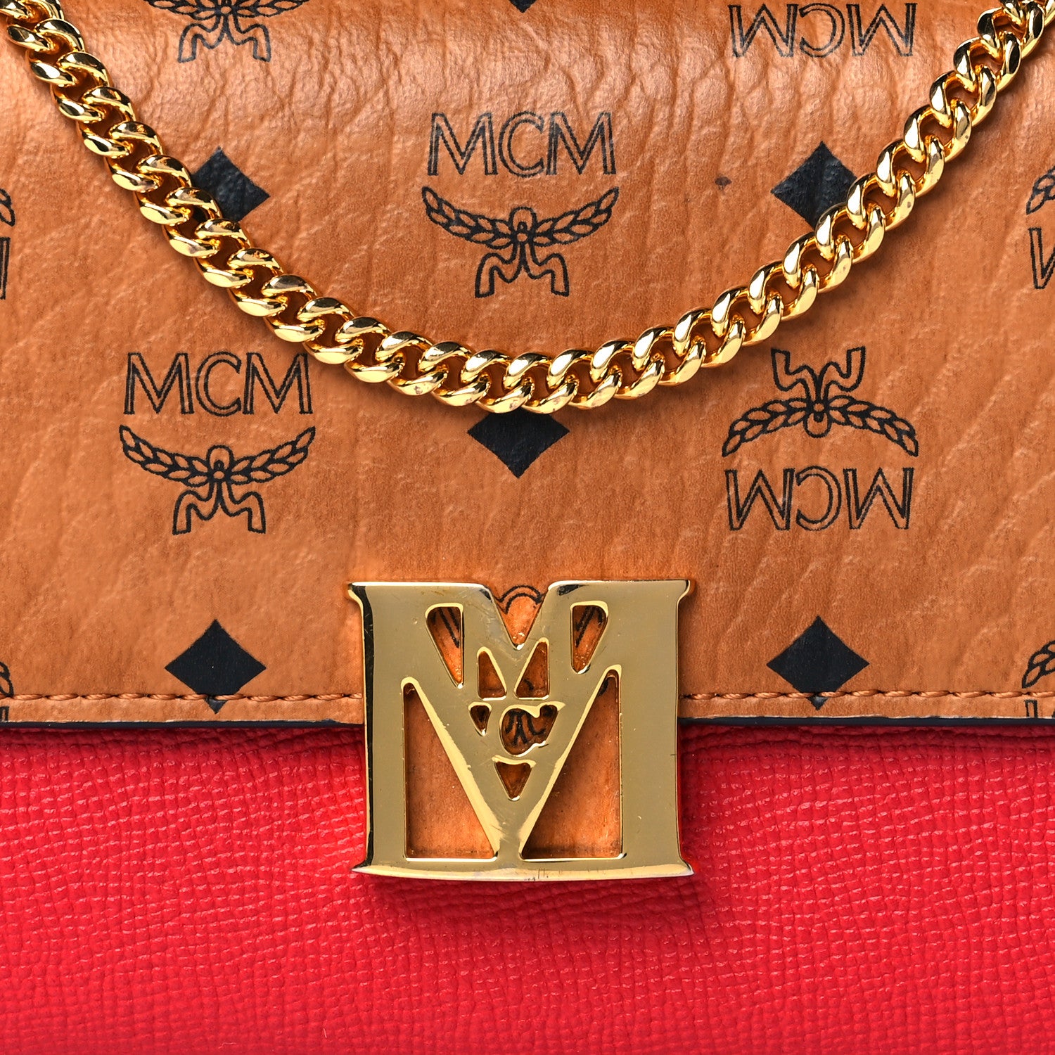 MCM Visetos Calfskin Large Mena Crossbody Wallet On Chain Cognac Ruby Red 7 of 10
