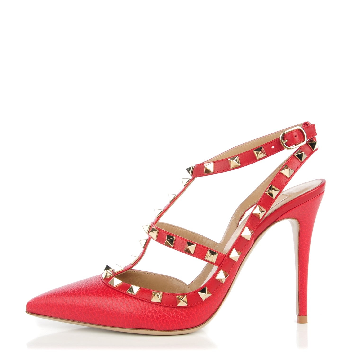 Valentino Garavani Pebbled Calfskin Rockstud Ankle Strap 100mm Pumps 38.5 Rosso Valentino 1 of 8