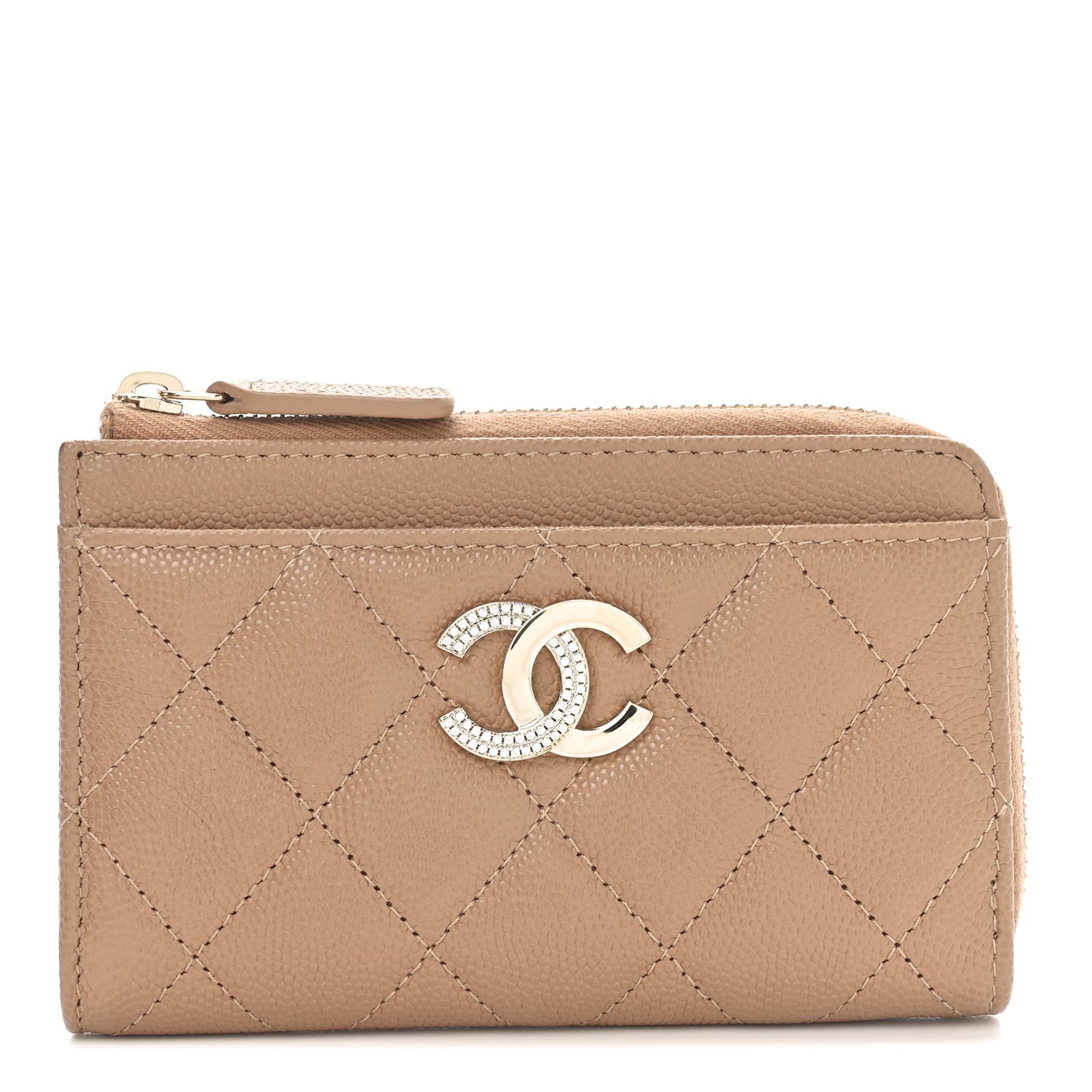 Caviar Quilted Crystal CC Zip Around Card Holder Dark Beige
