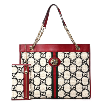 Gucci Tweed GG Monogram Large Rajah Chain Tote White Black Romantic Cherry 1 of 10