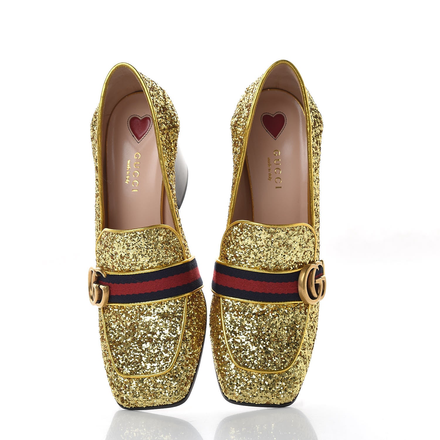 Gucci Glitter Nappa Web Peyton 75mm Loafer Pumps 38.5 Oro Vecchio 6 of 11