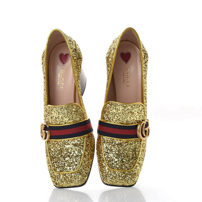 Gucci Glitter Nappa Web Peyton 75mm Loafer Pumps 38.5 Oro Vecchio 6 of 11