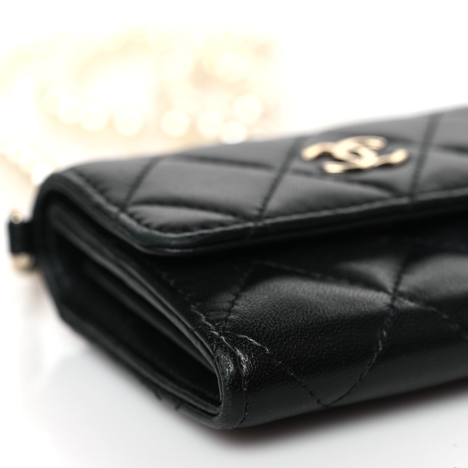 Chanel Lambskin Quilted Pearl Card Holder With Chain Black 8 of 10