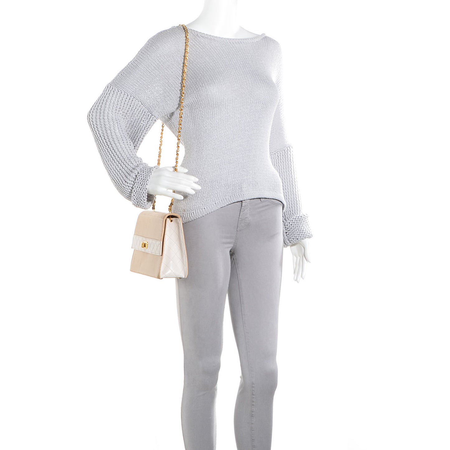 Lambskin Quilted Trapezoid Shoulder Flap Bag Beige White