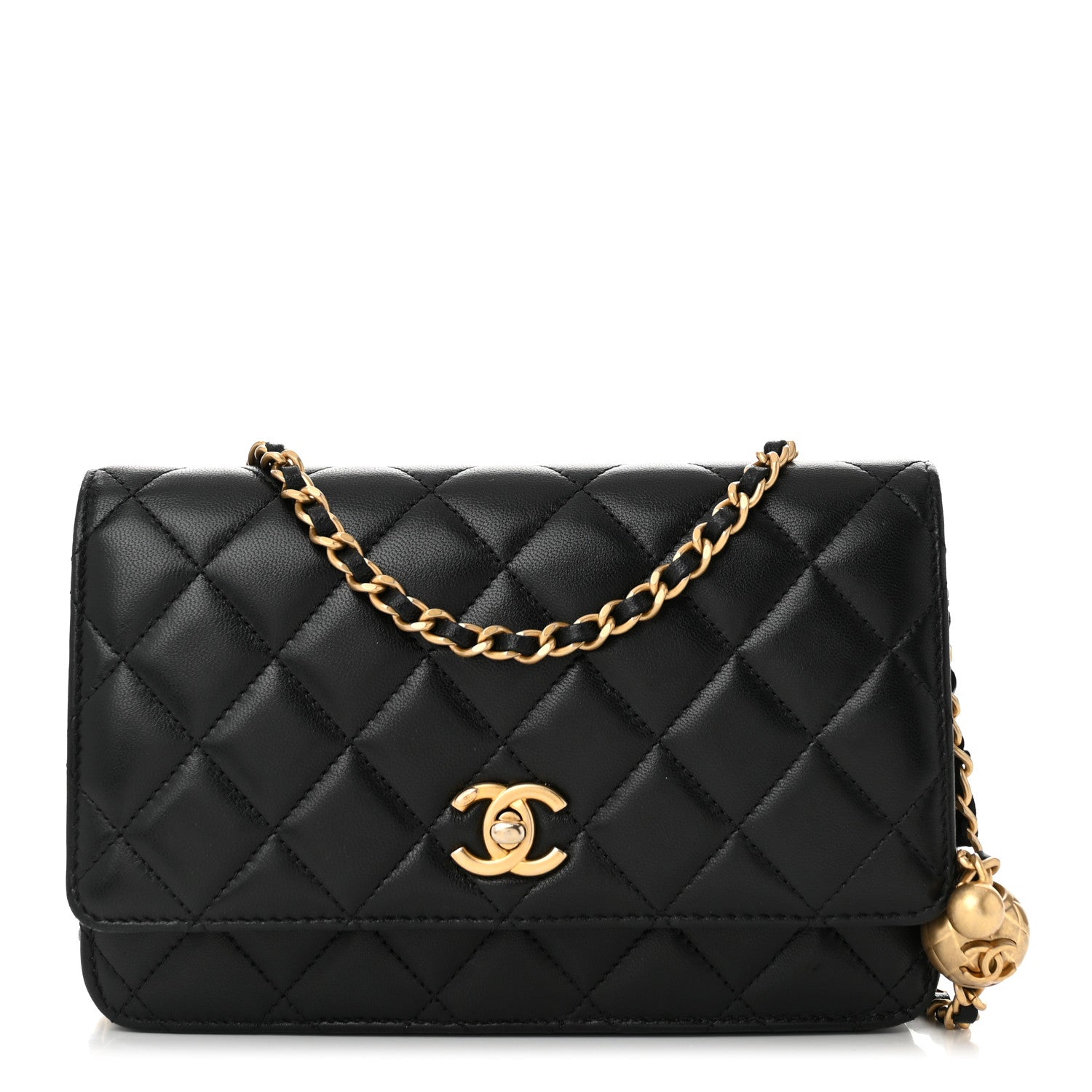 Chanel Lambskin Quilted CC Pearl Crush Wallet on Chain WOC Black