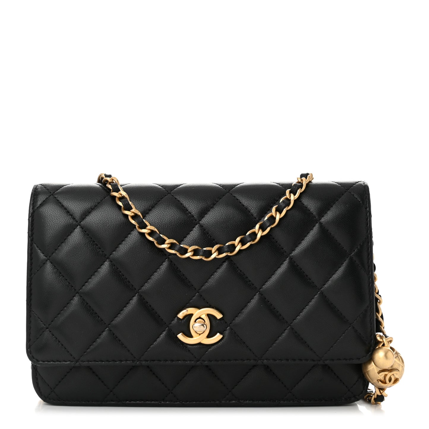 Lambskin Quilted CC Pearl Crush Wallet on Chain WOC Black