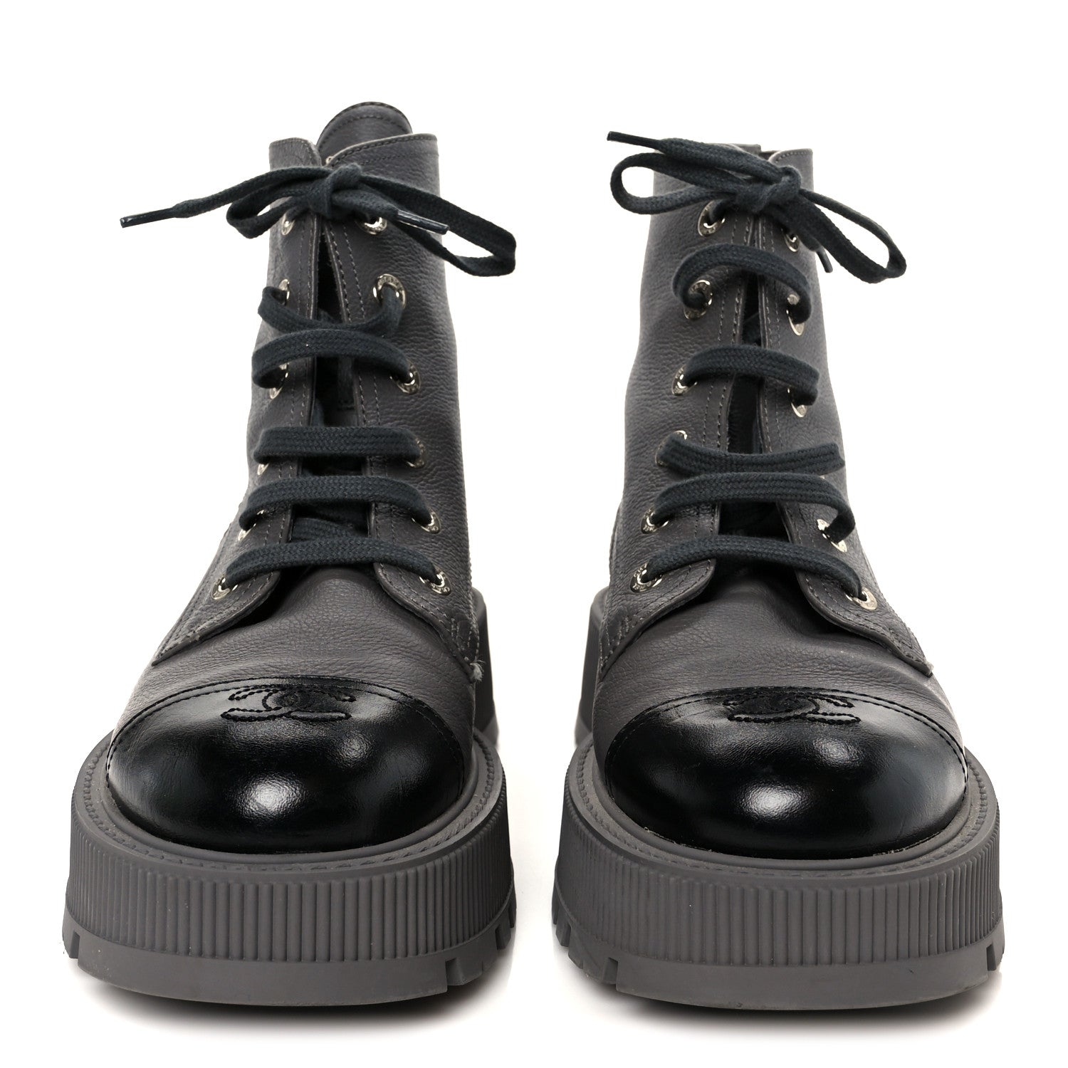 Chanel Grained Calfskin Shiny Calfskin CC Lace Up Combat Boots 41 Gray Black 3 of 11