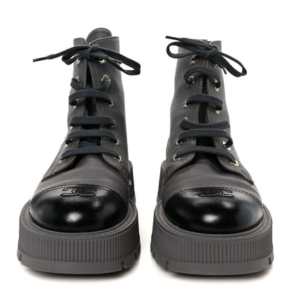 Chanel Grained Calfskin Shiny Calfskin CC Lace Up Combat Boots 41 Gray Black 3 of 11