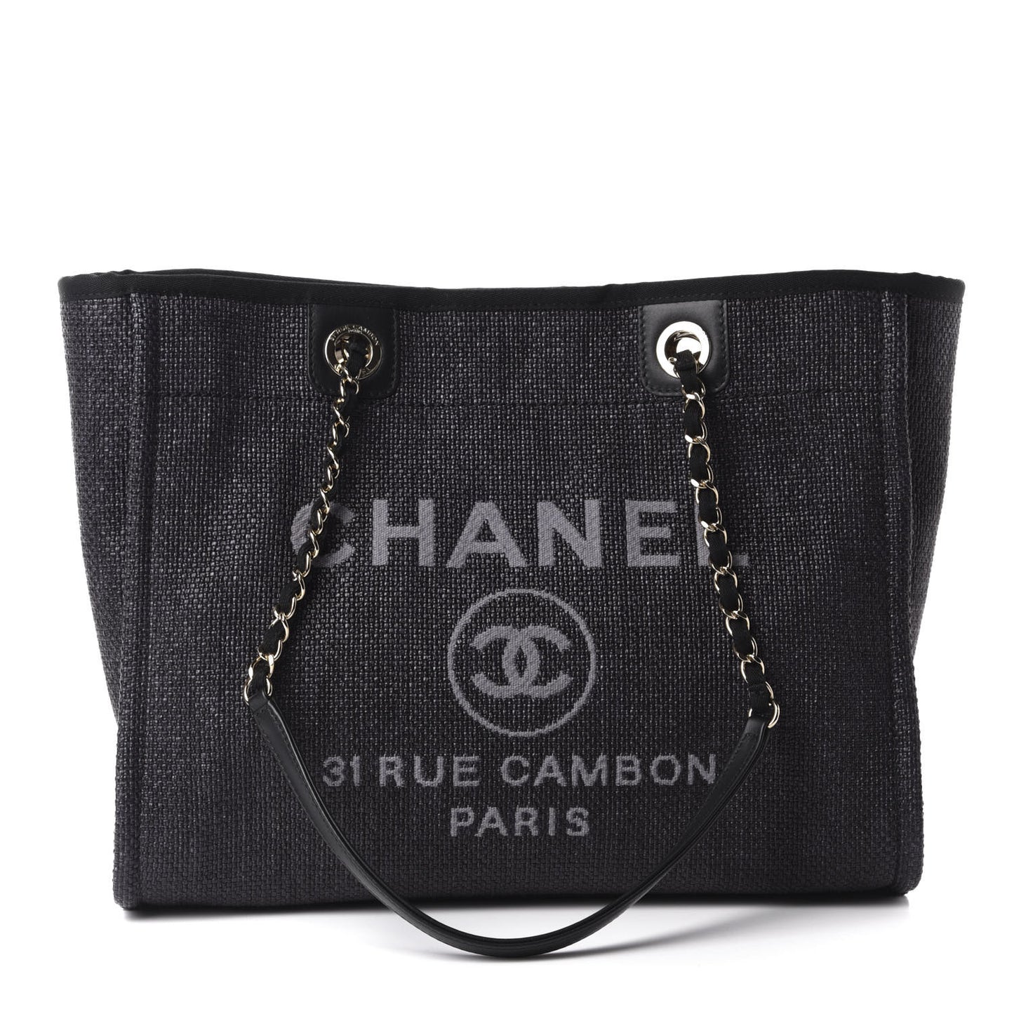 Woven Straw Raffia Small Deauville Tote Black