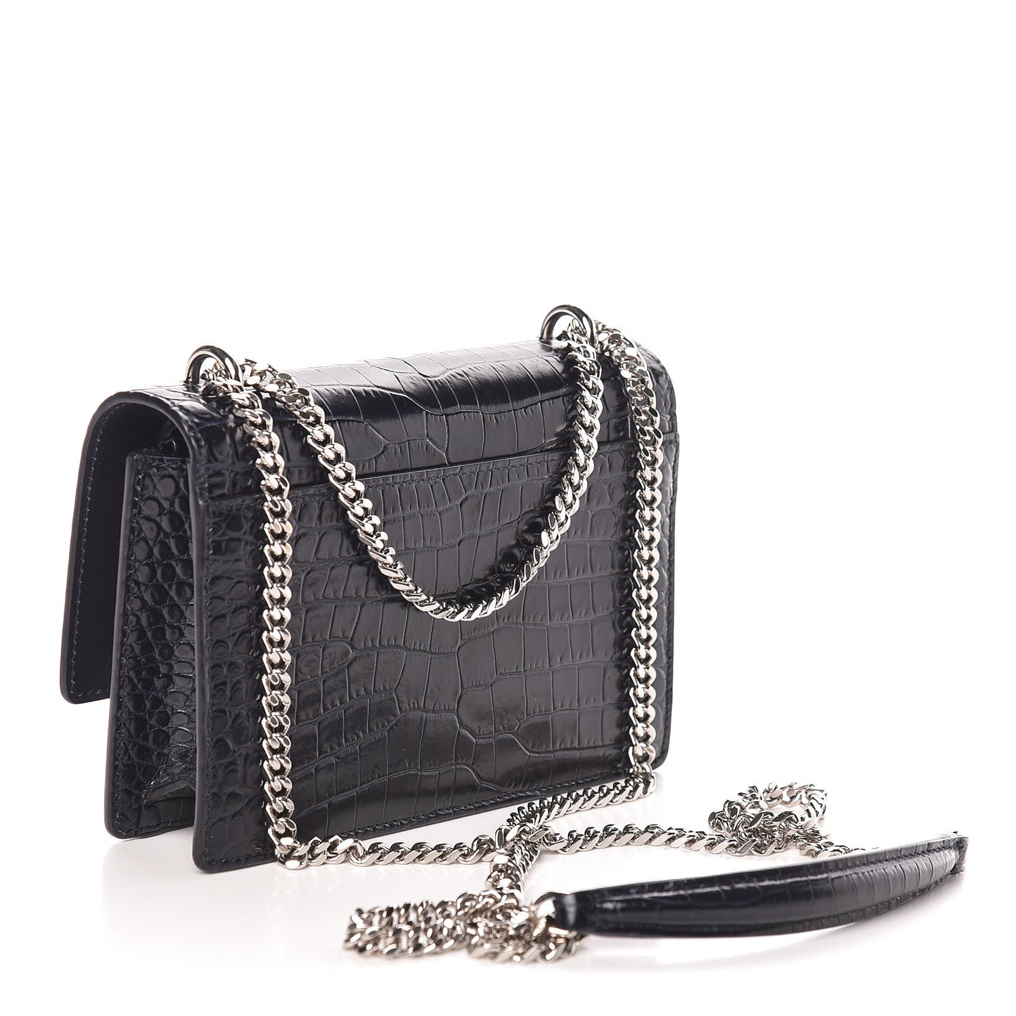 Calfskin Crocodile Embossed Monogram Sunset Chain Wallet Navy