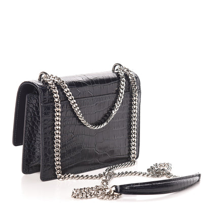 Saint Laurent Calfskin Crocodile Embossed Monogram Sunset Chain Wallet Navy 3 of 13