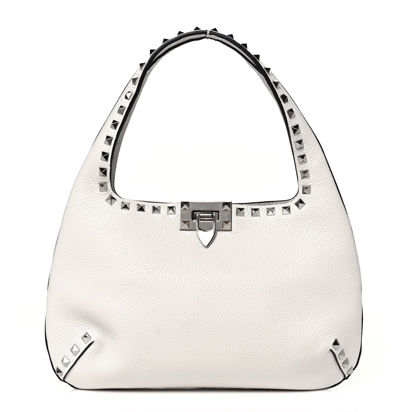 Pebbled Calfskin Small Rockstud Flip Lock Hobo White