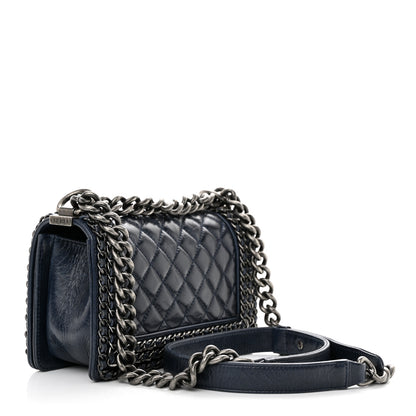 Chanel Glazed Calfskin Quilted Small Boy Chained Flap Navy 3 of 12