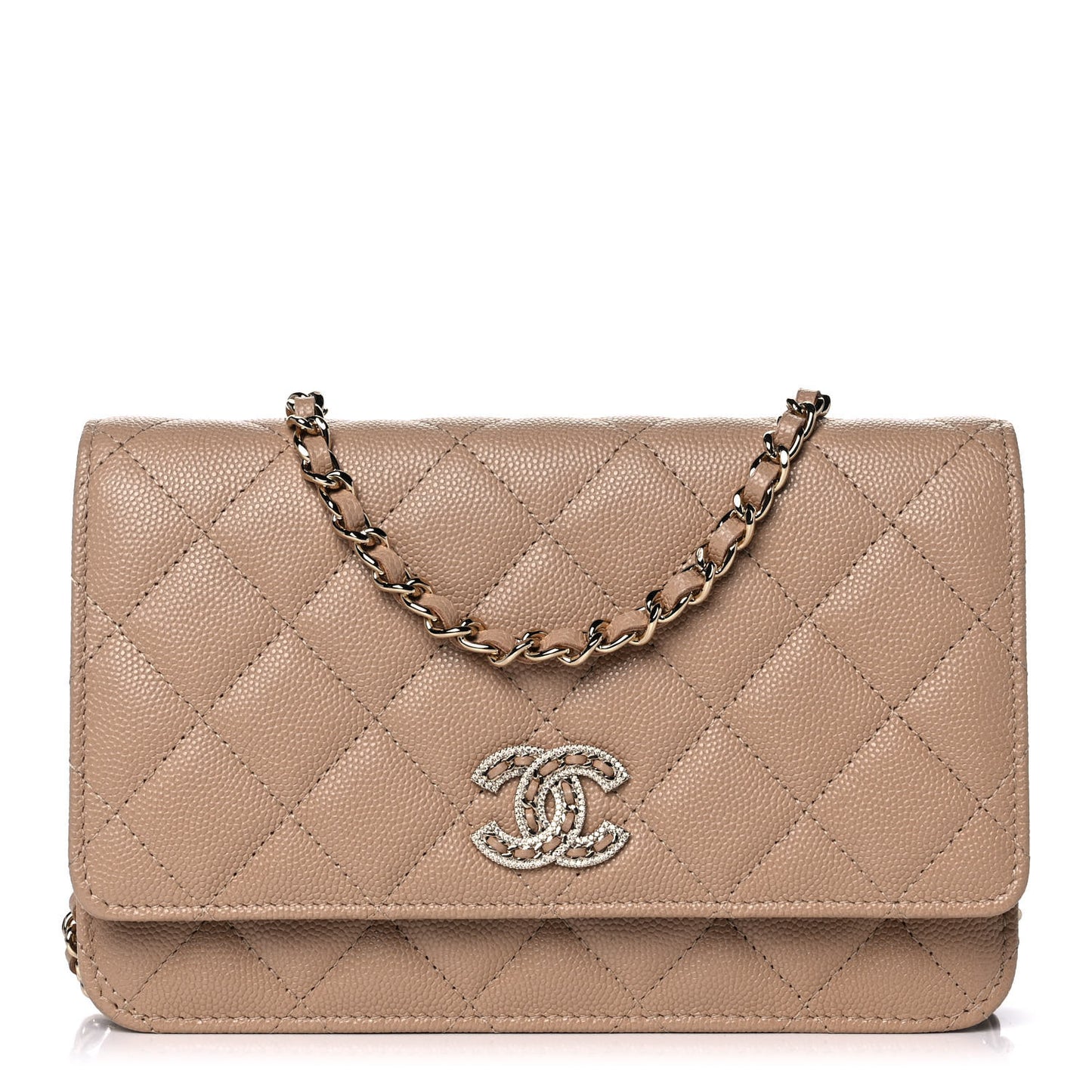 Caviar Quilted Crystal CC Wallet On Chain WOC Beige