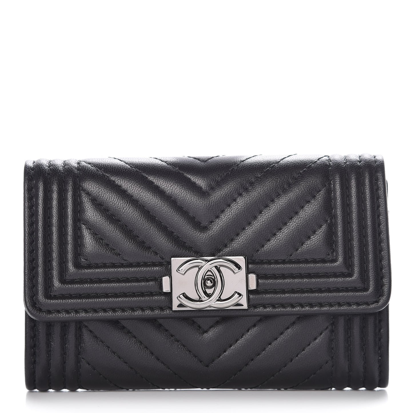 Lambskin Chevron Quilted Boy Card Holder Wallet Black