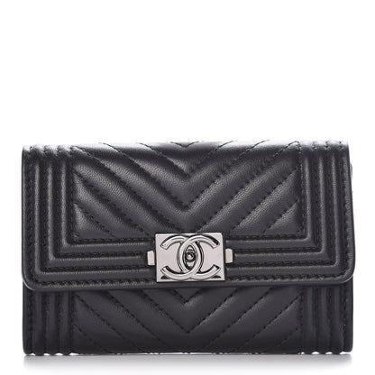 Chanel Lambskin Chevron Quilted Boy Card Holder Wallet Black 1 of 9