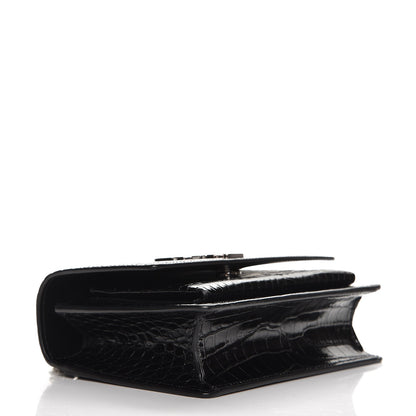 Saint Laurent Calfskin Crocodile Embossed Monogram Sunset Chain Wallet Black 4 of 6