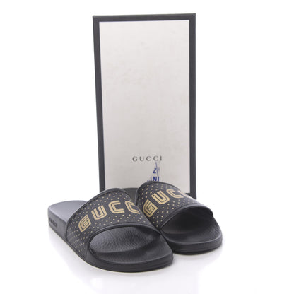 Gucci X SEGA Supreme Canvas GUCCY Stars Womens Slide Sandals 42 Black Gold 11 of 11