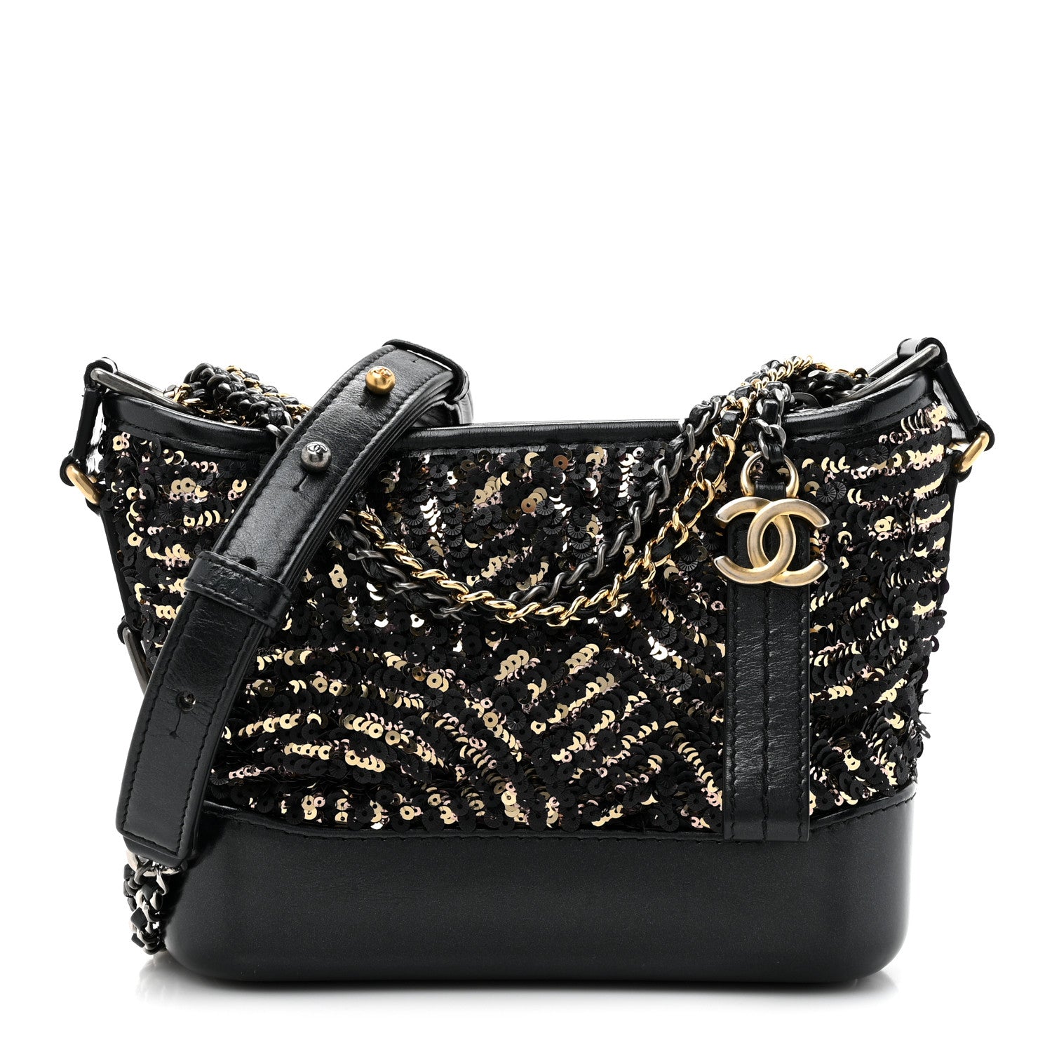 Chanel Sequin Calfskin Small Gabrielle Hobo Black Gold 1 of 11