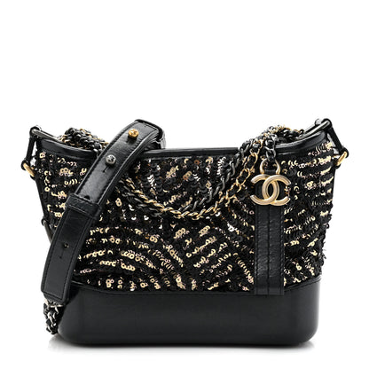 Chanel Sequin Calfskin Small Gabrielle Hobo Black Gold 1 of 11