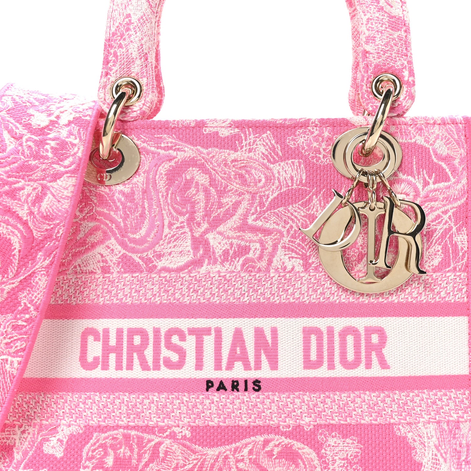 Christian Dior Canvas Toile De Jouy Reverse Embroidered Medium Lady D-Lite Fluorescent Pink 7 of 9