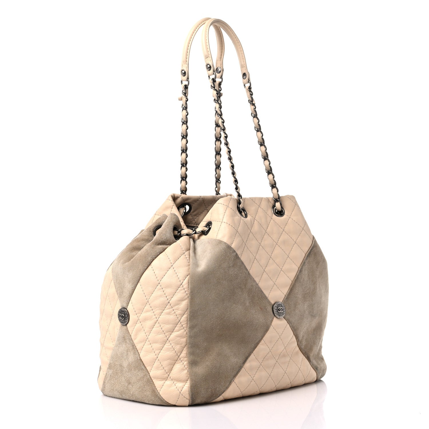 Chanel Calfskin Suede Quilted Patchwork Drawstring Bag Beige 3 of 17