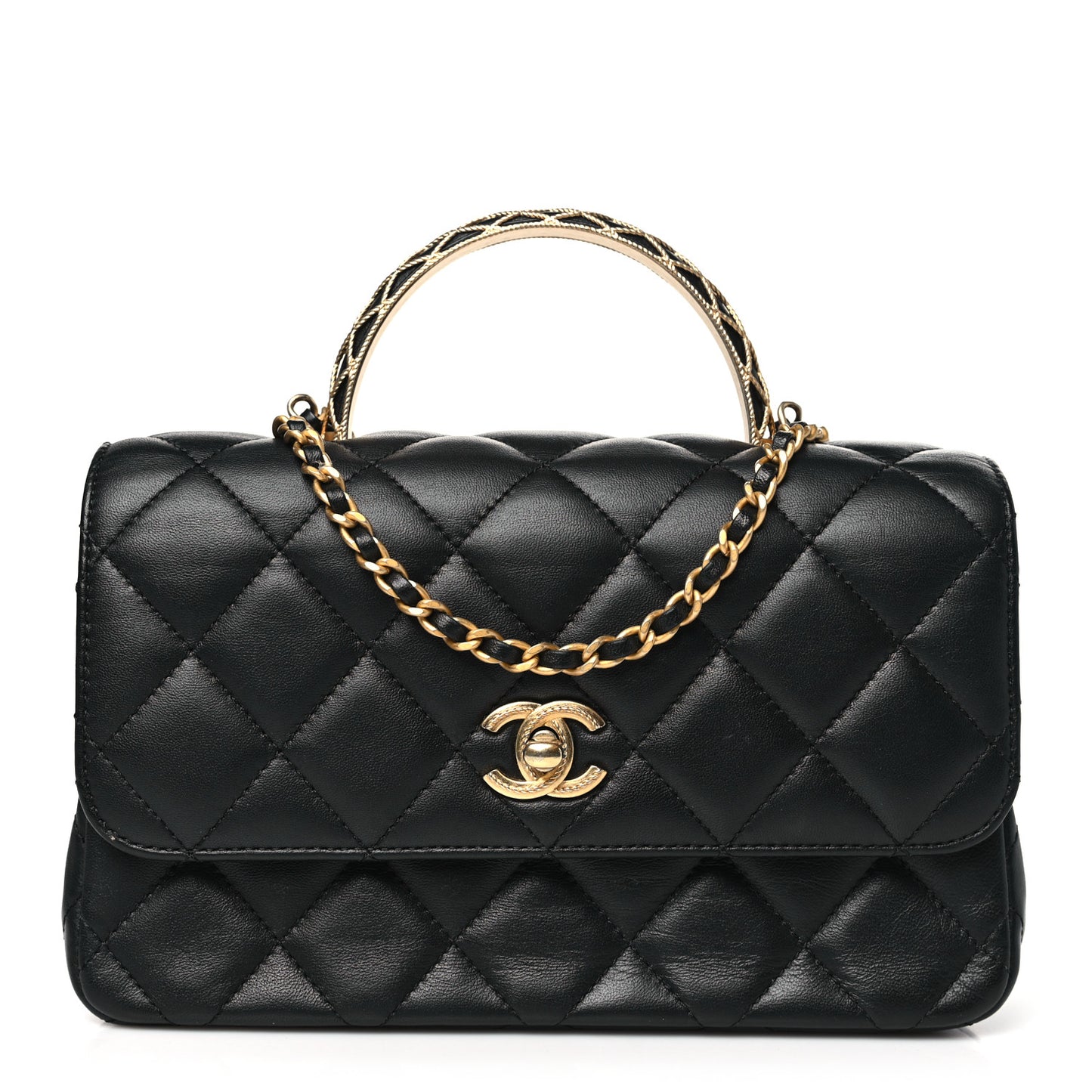 Lambskin Metal Quilted Twist Top Handle Flap With Chain Black