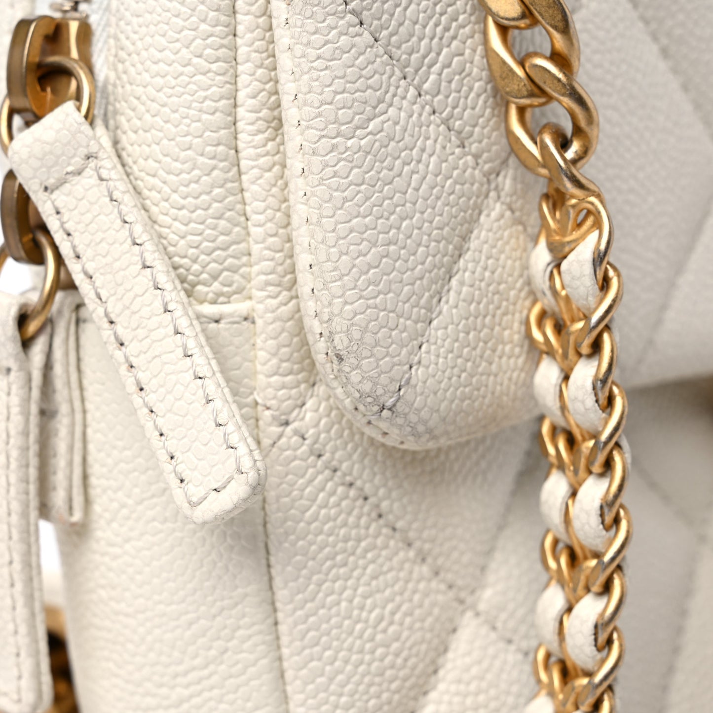 Shiny Caviar Quilted Chain Melody Backpack White
