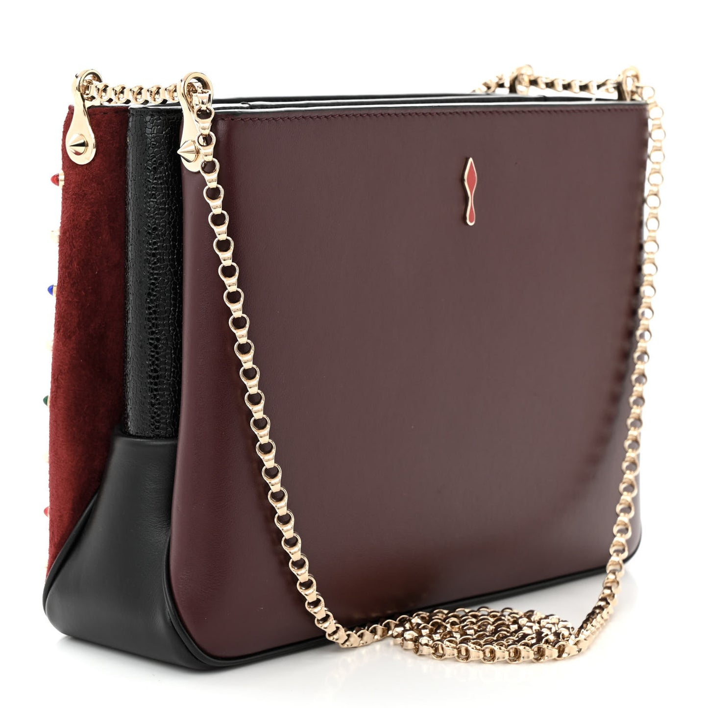 Suede Calfskin Spikes Large Triloubi Shoulder Bag Black Multicolor