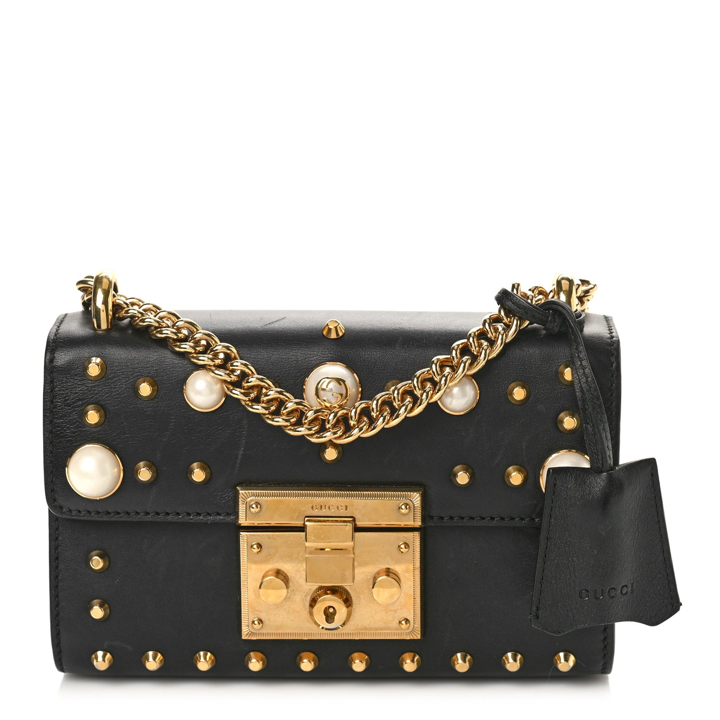 Calfskin Studded Small Padlock Shoulder Bag Black