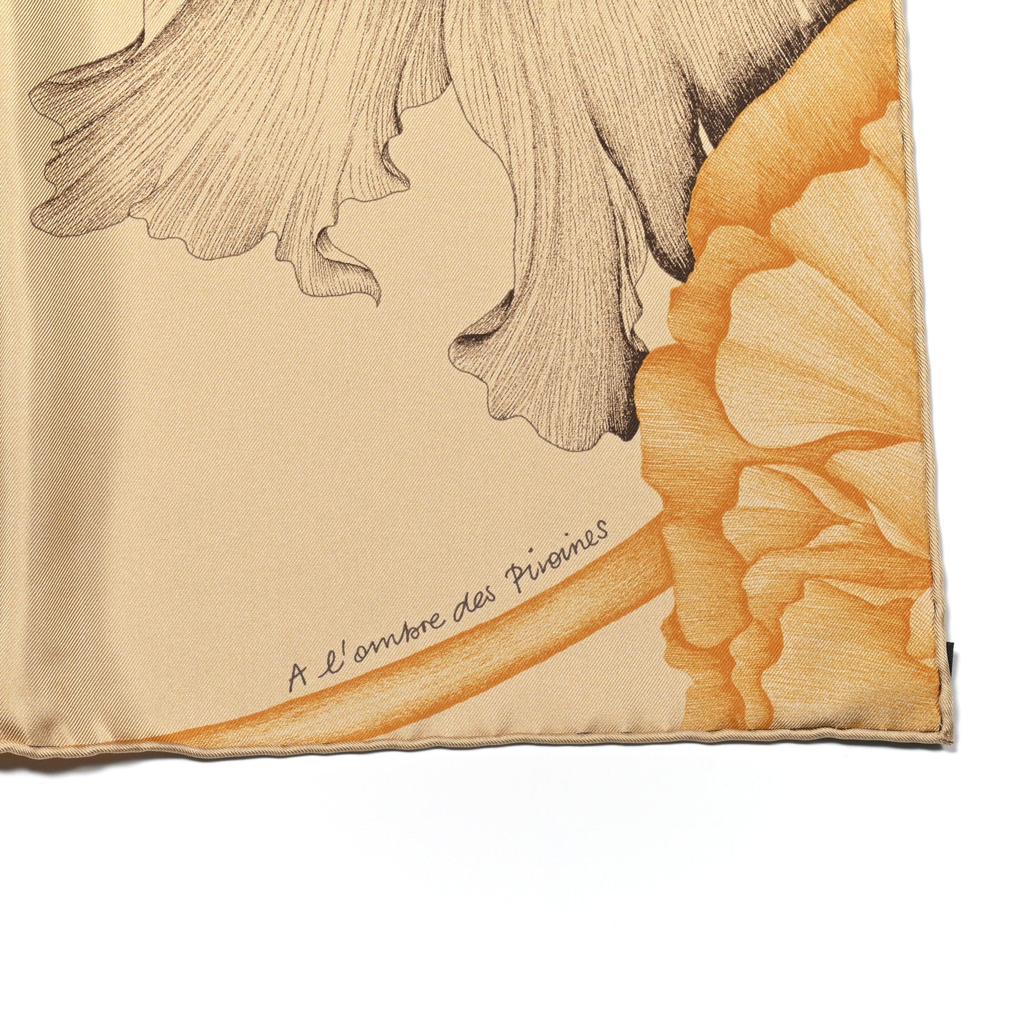 Hermes Silk A L'Ombre Des Pivoines Scarf 90 Beige Dore Marron 5 of 6