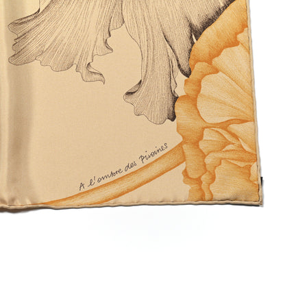 Hermes Silk A L'Ombre Des Pivoines Scarf 90 Beige Dore Marron 5 of 6
