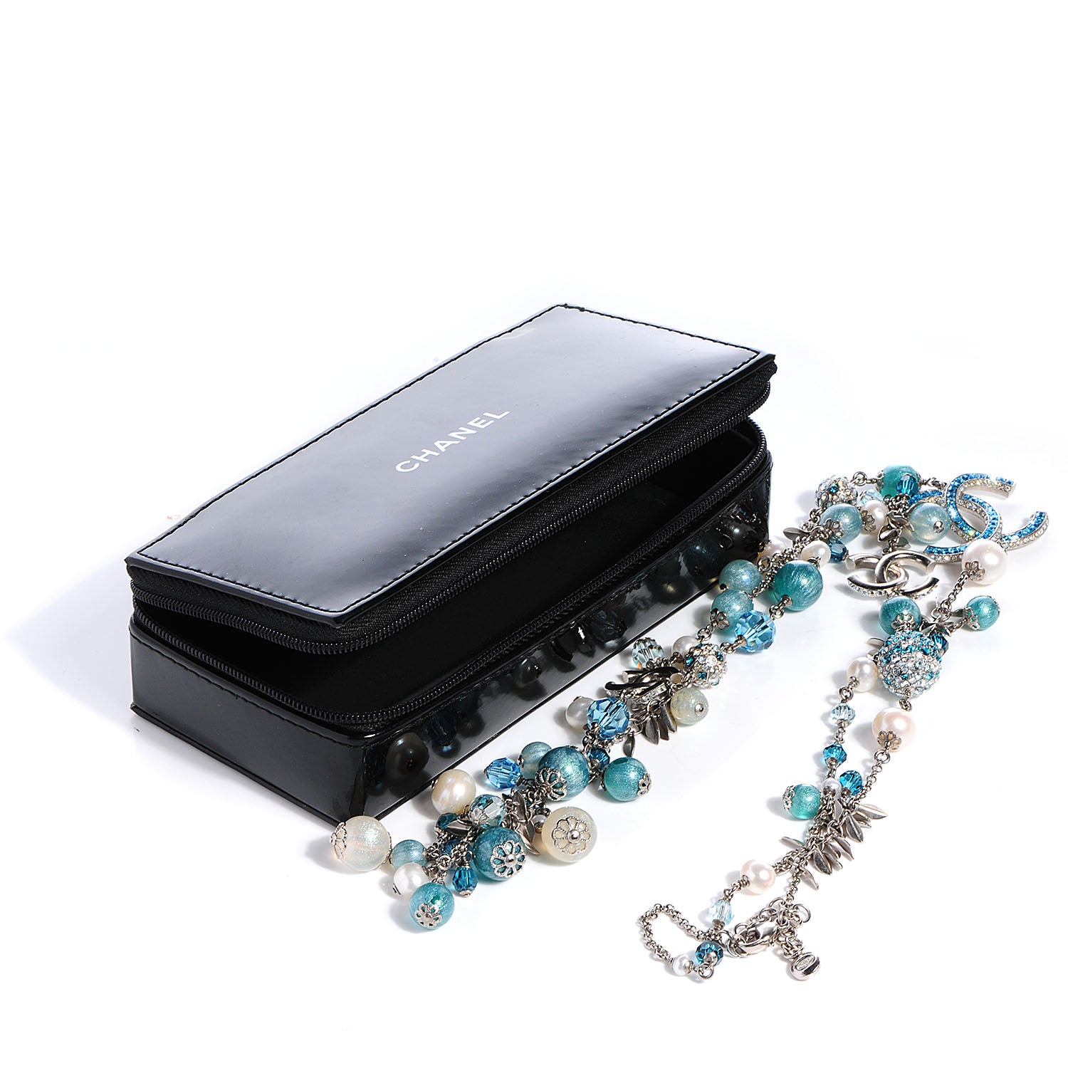 Chanel Pearl Crystal CC Beaded Long Necklace Silver Blue 6 of 10