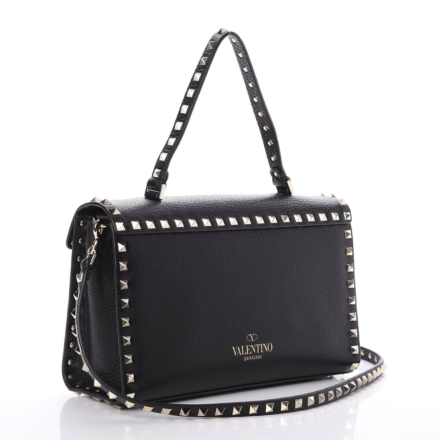 Pebbled Calfskin Small Rockstud Single Handle Flap Bag Black