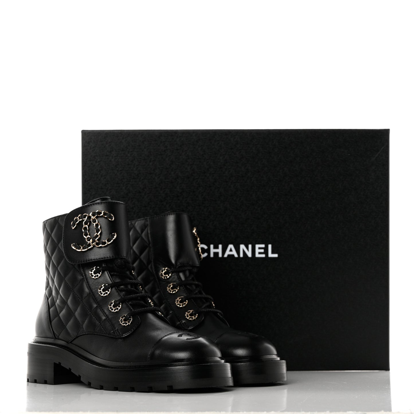 Shiny Lambskin Quilted Lace Up Combat Boots 36.5 Black