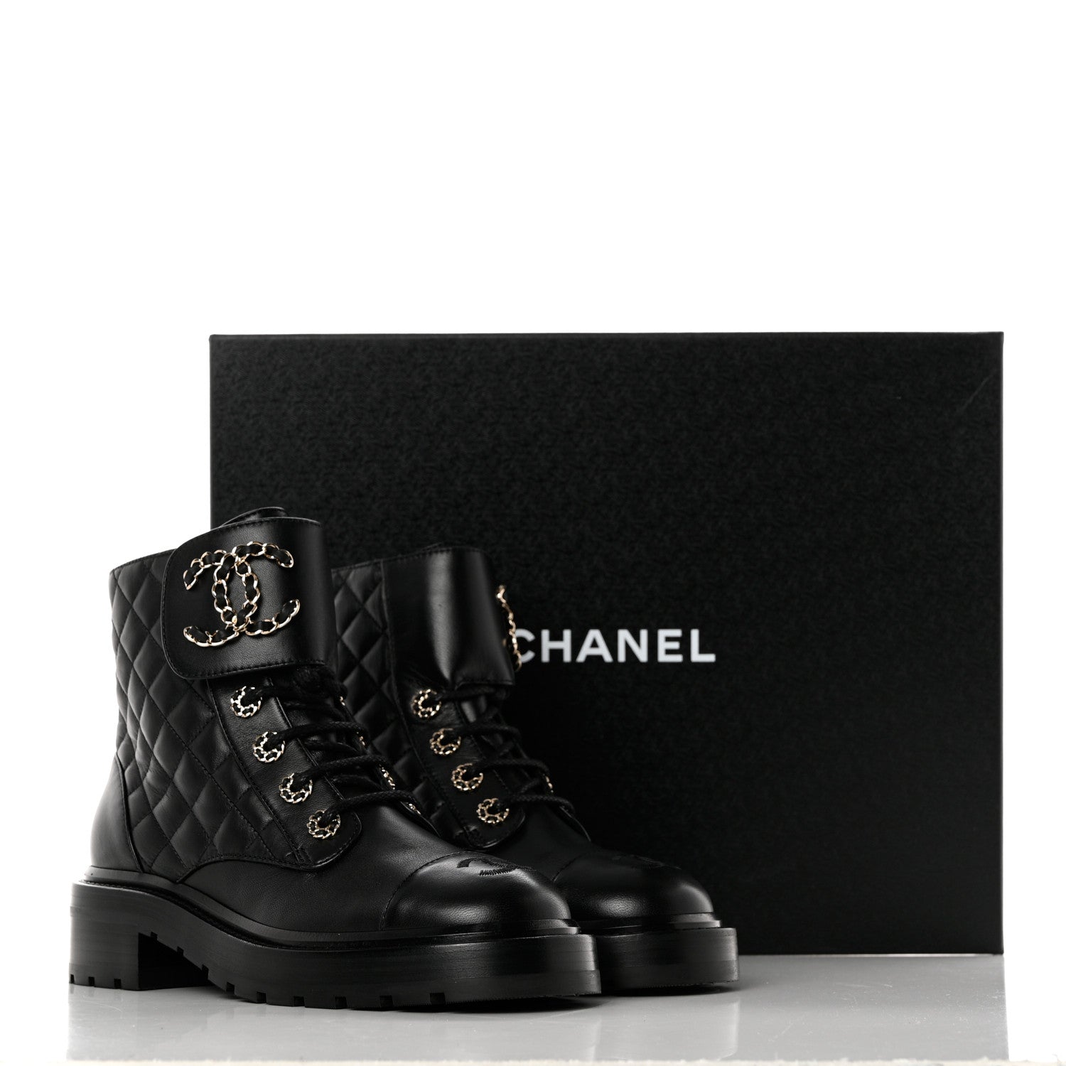 Chanel Shiny Lambskin Quilted Lace Up Combat Boots 36.5 Black 9 of 9