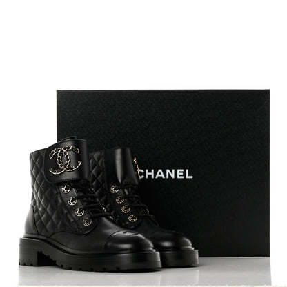 Chanel Shiny Lambskin Quilted Lace Up Combat Boots 36.5 Black 9 of 9