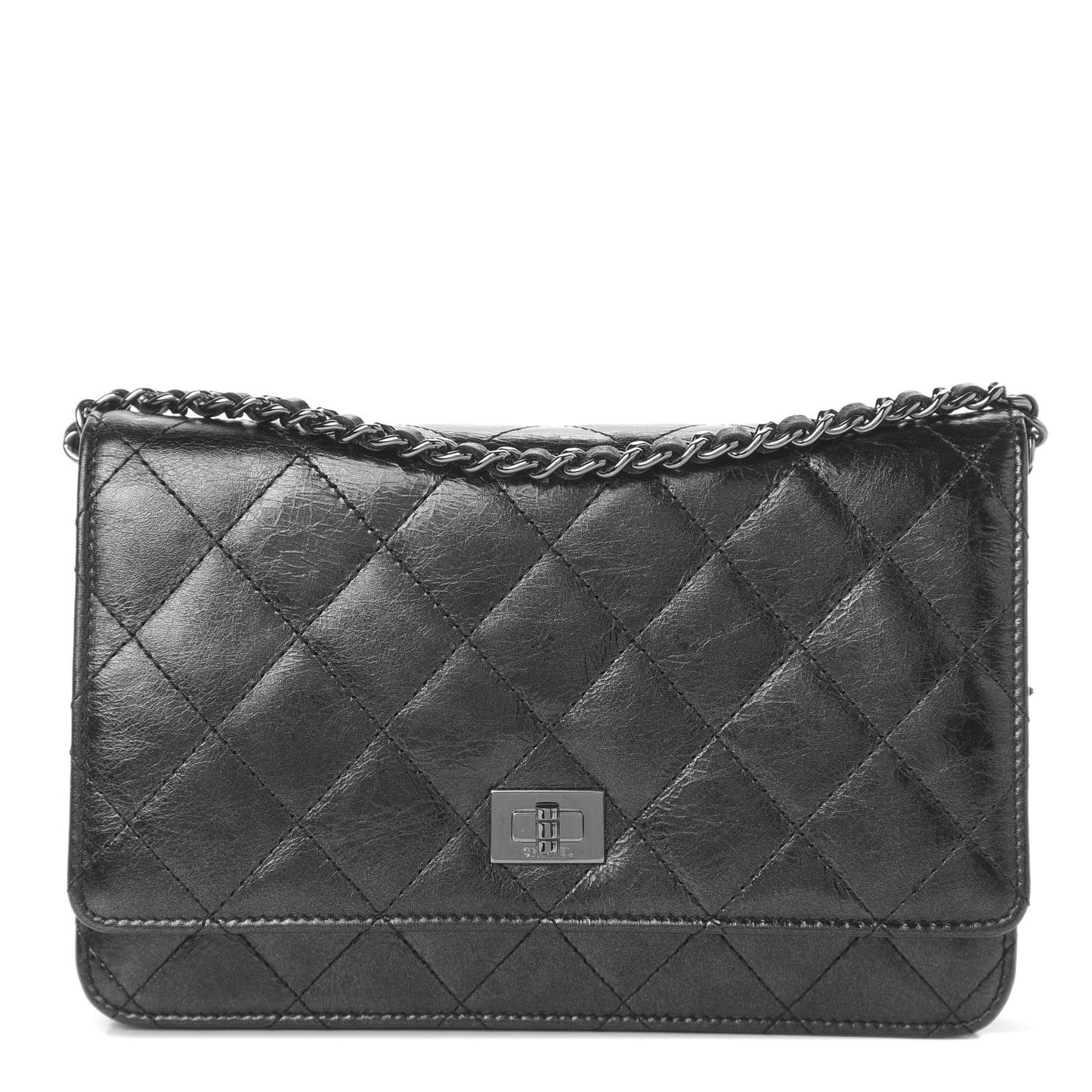 Metallic Glazed Aged Calfskin Reissue Wallet On Chain WOC Black
