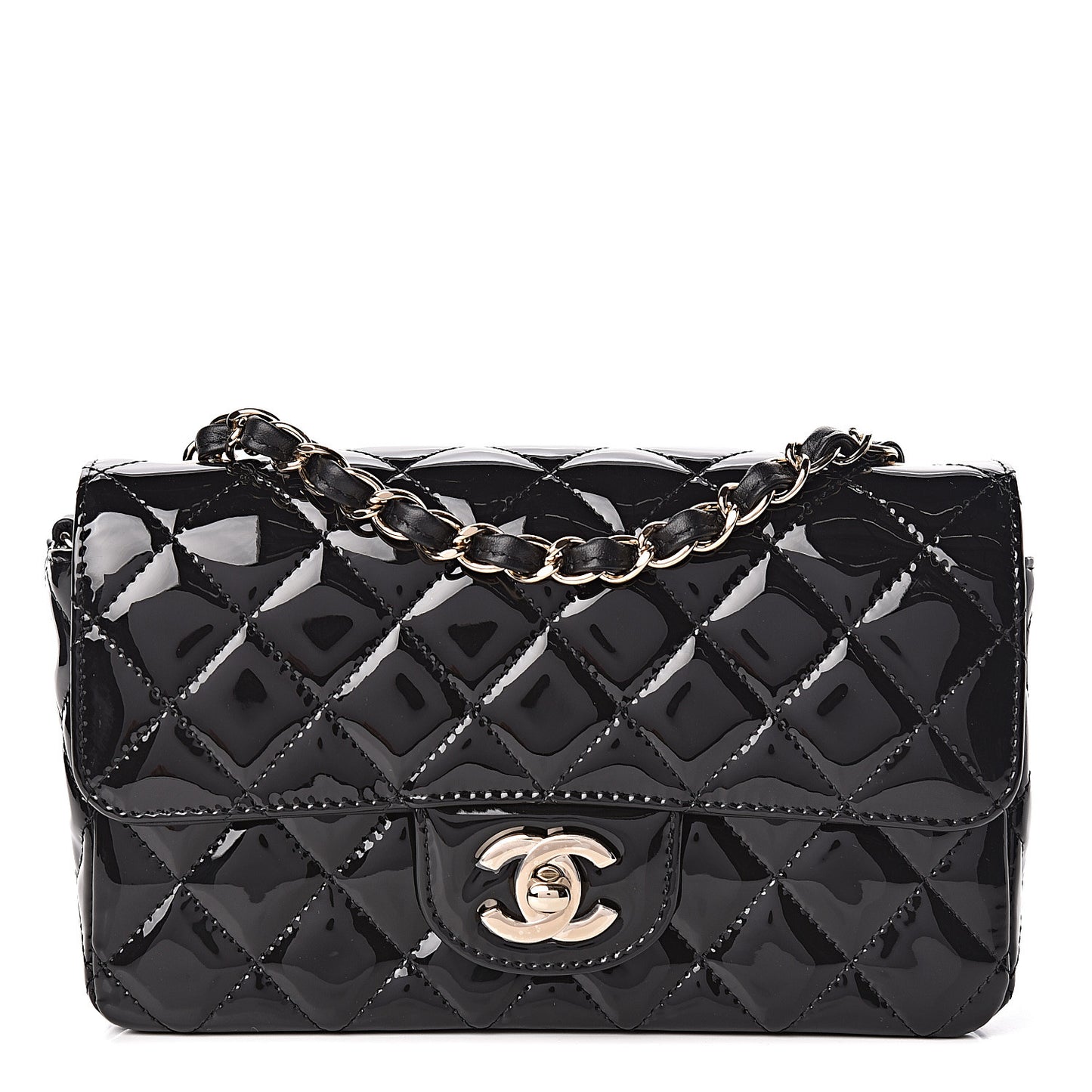 Patent Calfskin Quilted Mini Rectangular Flap Black