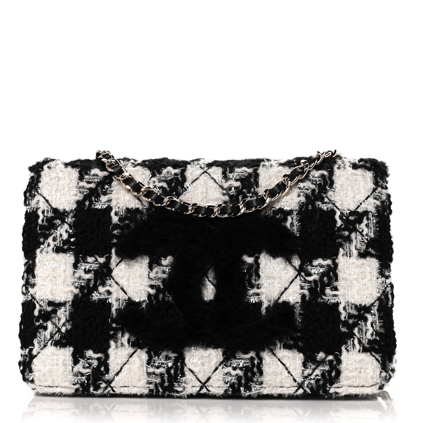 Tweed Shearling Quilted Chanel Wallet On Chain WOC and Coin Purse White Black