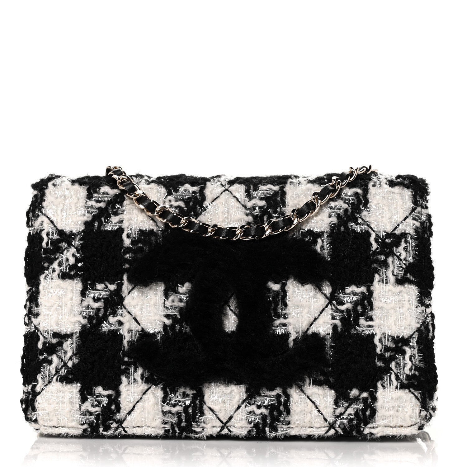 Chanel Tweed Shearling Quilted Chanel Wallet On Chain WOC and Coin Purse White Black 2 of 10