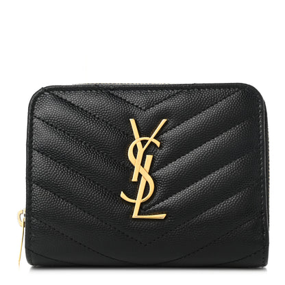 Saint Laurent Grain De Poudre Matelasse Chevron Monogram Compact Zip Around Wallet Black 1 of 8